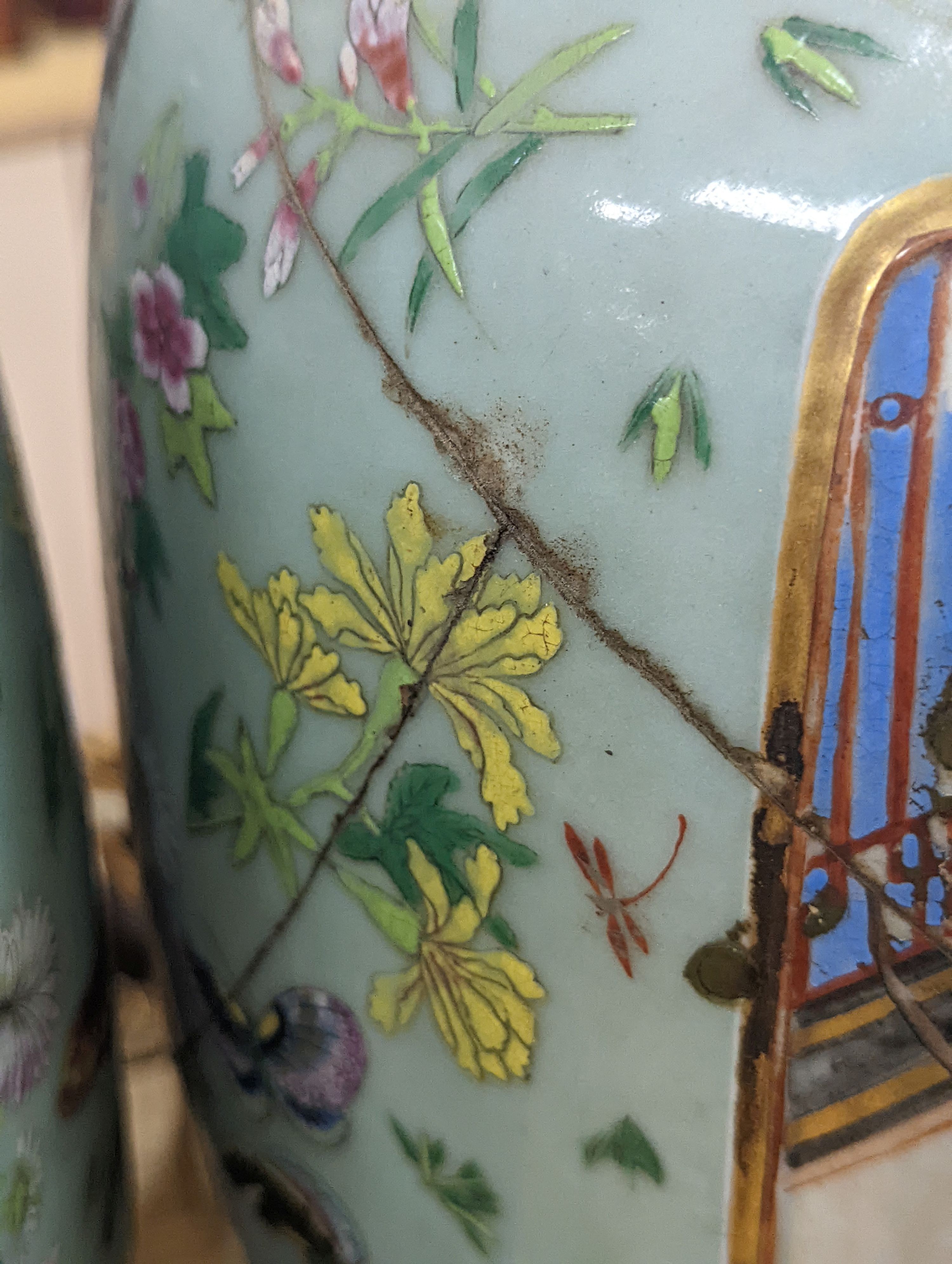 A pair of large 19th century Chinese famille rose celadon ground vases (a.f.) 65cm